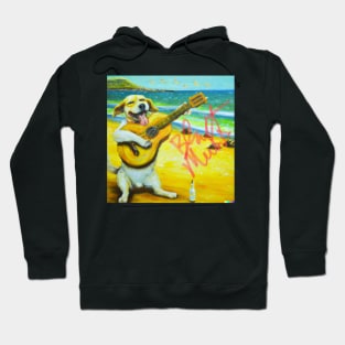 Dog playing guitar on beach Hoodie